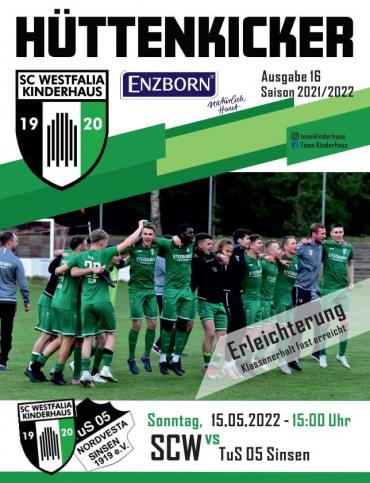 Das Cover des Magazins Hüttenkicker zeigt ein Teamfoto von Fußballspielern und Werbeelemente für den Verein SC Westfalia Kinderhaus und ENZBORN.