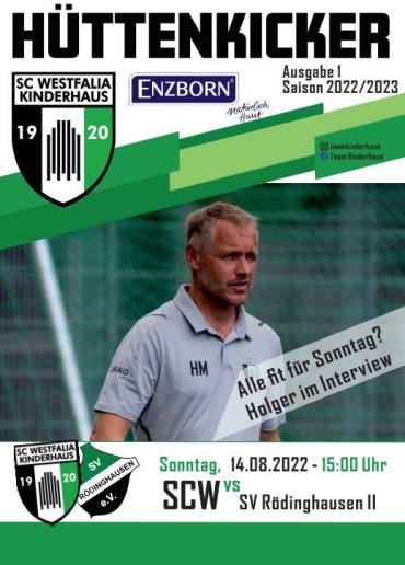 Cover des Hüttenkickers mit der Ankündigung eines Fußballspiels zwischen SC Westfalia Kinderhaus und SV Rödinghausen II sowie einem Interview mit Holg
