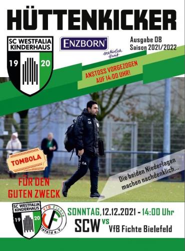 Ein Sportprogrammheft mit Details zu einem Fußballspiel zwischen SC Westfalia Kinderhaus und VfB Fichte Bielefeld.