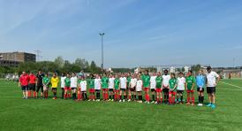 Eine große Gruppe von jungen Fußballspielern posiert in einer Reihe auf einem grünen Spielfeld.