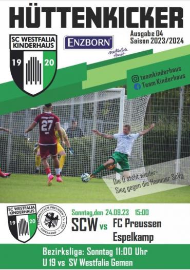 Ein Flyer des Hüttenkickers zeigt Kinder beim Fußballspielen vor einem Netz und listet Spieltermine und Spielberichte für lokale Fußballvereine auf.