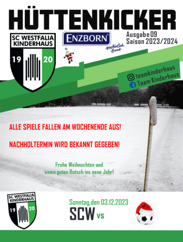 Flyer des Hüttenkickers, der die Absage der Spiele für das Wochenende und Weihnachtsgrüße des SC Westfalia Kinderhaus und Enzborn verkündet.