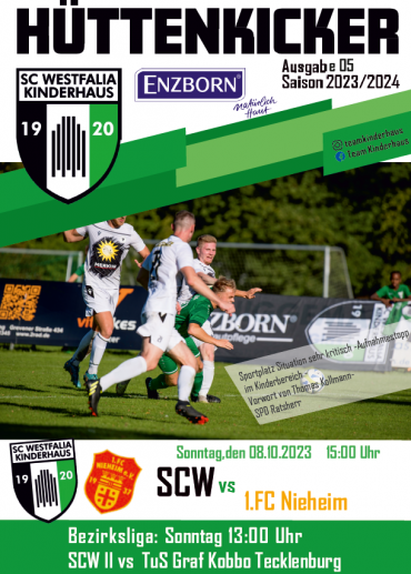 Ein Fußballprogramm des Hüttenkickers für die Saison 2023/2024, das Spieltermine und Teamnamen von SC Westfalia und ENZBORN zeigt.