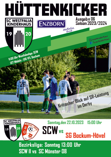 Spielplakat des Fußballvereins Hüttenkicker mit Spielprogrammen für verschiedene Mannschaften und die Saison 2023/2024.