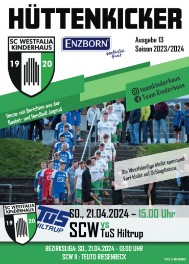 Sportprogramm Hüttenkicker, das ein Spiel zwischen SC Westfalia Kinderhaus und TuS Hiltrup am 21. April 2024 ankündigt.