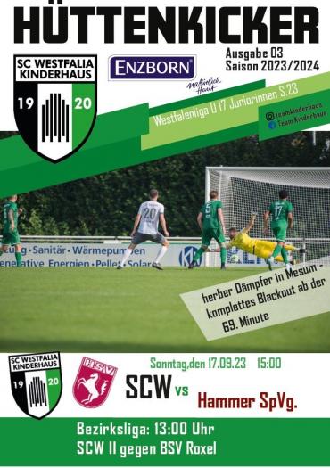 Ein Sportbericht des HÜTTENKICKERs mit Spielszenen von einem Fußballspiel zwischen SC Westfalia Kinderhaus und ENZBORN.