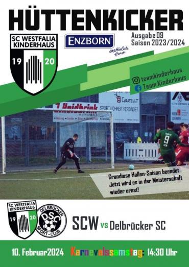 Werbeplakat für ein Kinderfussballspiel des SC Westfalia Kinderhaus gegen den Delbrücker SC, datiert auf den 10. Februar 2024.
