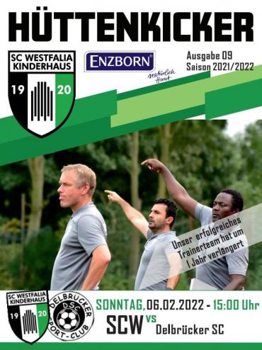 Titelseite eines Sportmagazins mit zwei Männern, das ein Fußballspiel zwischen SC Westfalia und Delbrücker SC ankündigt.