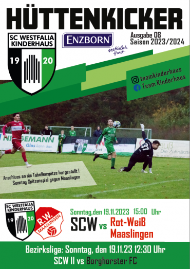 Ein Spielprogramm für den Fußballverein Hüttenkicker, das Spielszenen, Clublogos und kommende Spielterminoverbindungen für die Saison 2023/2024 zeigt.