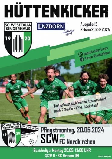 Flyer für ein Fußballspiel zwischen SC Westfalia Kinderhaus und FC Nordkirchen, das am 20. Mai 2024 stattfindet. Vier Spieler sind auf einem grünen Sp