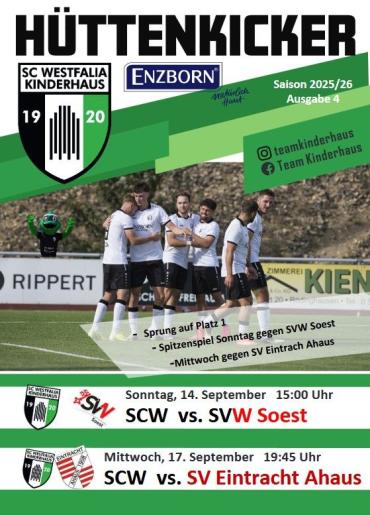 Ein Programmheft des Hüttenkickers mit Spielplänen des SC Westfalia Kinderhauses und Fotos von Fußballspielern.
