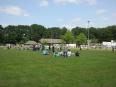 Ein großer, grüner Sportplatz mit Menschen und Bäumen im Hintergrund unter blauem Himmel.