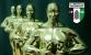 Eine Reihe von goldenen Bronzestatuen von sportlichen Männerfiguren, die nebeneinander stehen.