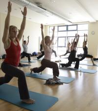 Mehrere Personen üben Yoga in einem hellen, gut beleuchteten Raum.