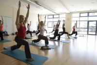 Mehrere Personen führen verschiedene Yoga- und Dehnübungen in einem hellen, weitläufigen Raum durch.