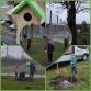 Collage von einer neuen Holzbaustruktur, spielenden Kindern und einem umzäunten Außengelände.