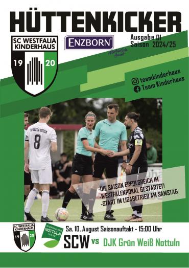 Plakat mit mehreren jungen Fußballspielern, das die Ankündigung eines Fußballspiels zwischen SC Westfalia Kinderhaus und DJK Grün Weiß Nottuln zeigt.