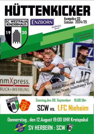 Ein Sportprogramm der Hüttenkicker, das Spieltermine und Informationen für verschiedene Fußballmannschaften bewirbt.