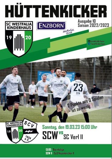 Sportflyer des Hüttenkickers mit der Ankündigung eines Fußballspiels zwischen SC Westfalia Kinderhaus und Enzborn.