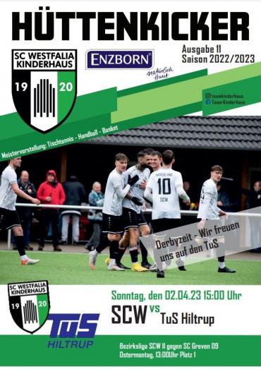 Sportprogramm des Hüttenkickers, das Spieltermine und Details zu Fußballspielen von SC Westfalia Kinderhaus gegen TuS Hiltrup auflistet.