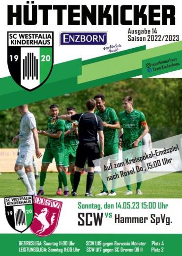 Mehrere Fußballspieler stehen auf einem Spielfeld vor dem Hintergrund einer Sportzeitschrift.
