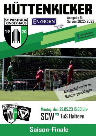 Plakat für das Huttenkicker Saison-Finale 2023 zwischen SC Westfalia Kinderhaus und TuS Haltern, mit einer Spielszene im Hintergrund.