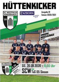 Flyer des Hüttenkicker Magazins, der ein Fußballspiel des SC Westfalia Kinderhaus gegen den TuS 05 Sinsen am 20.09.2020 ankündigt.