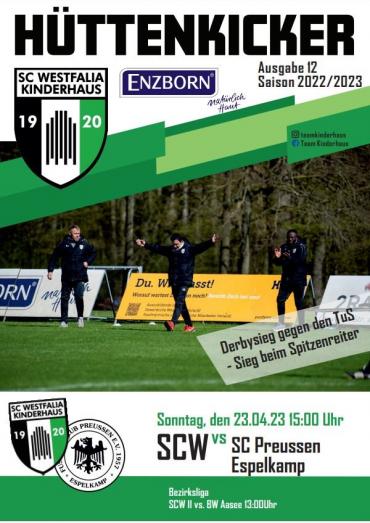 Ein Sportplakat des Hüttenkickers, das Spielinformationen und Termine des SC Westfalia Kinderhaus für die Saison 2022/2023 präsentiert.