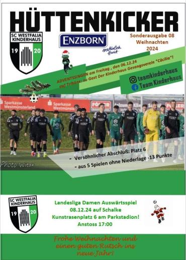 Ein Programmheft für den Hüttenkicker mit Informationen zu Spielterminen, Ergebnissen und weihnachtlichen Grüßen.
