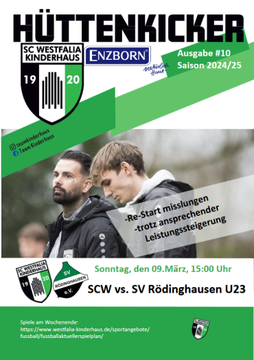 Cover eines Sportmagazins mit zwei Fußballspielern und Ankündigungen für ein Spiel zwischen SC Westfalia Kinderhaus Enzborn und SV Rödinghausen U23.