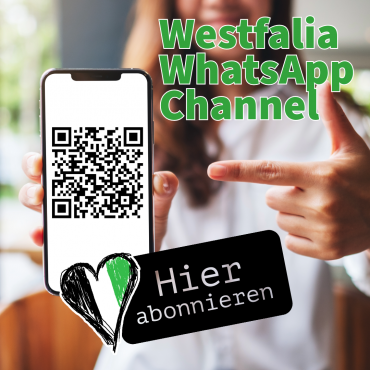 Ein Smartphone zeigt einen QR-Code, und daneben steht Text, der auf den Westfalischen WhatsApp-Kanal hinweist.